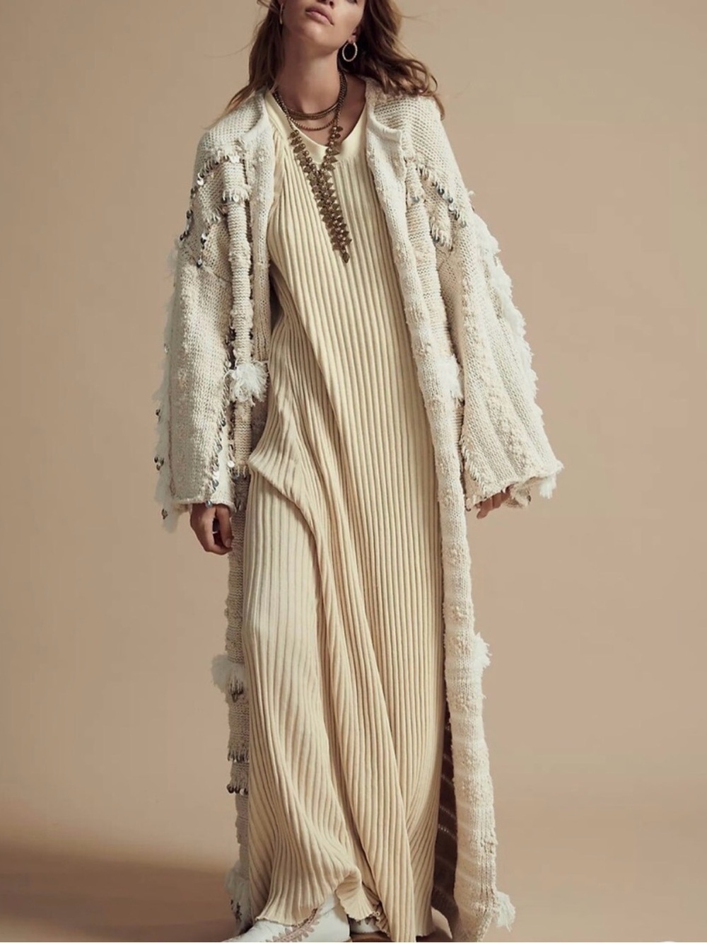 Free People Cream Ribbed Scoop-Neck Maxi Dress